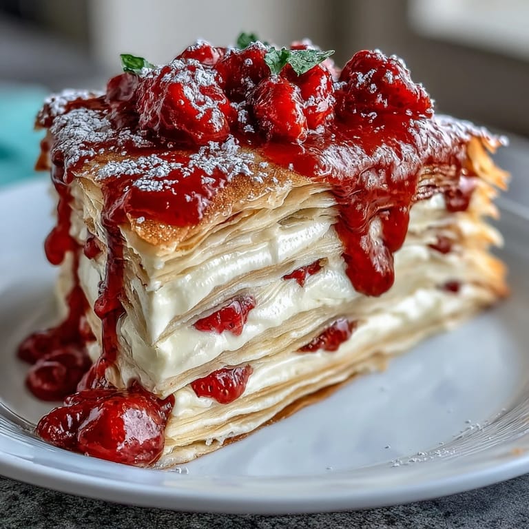A beautiful strawberry crepe cake featuring silky vanilla cream and sliced berries, perfect for brunch or dessert.