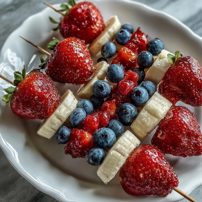 Festive red, white, and blue fruit skewers arranged in a star pattern, ideal for holiday barbecues and festive gatherings.