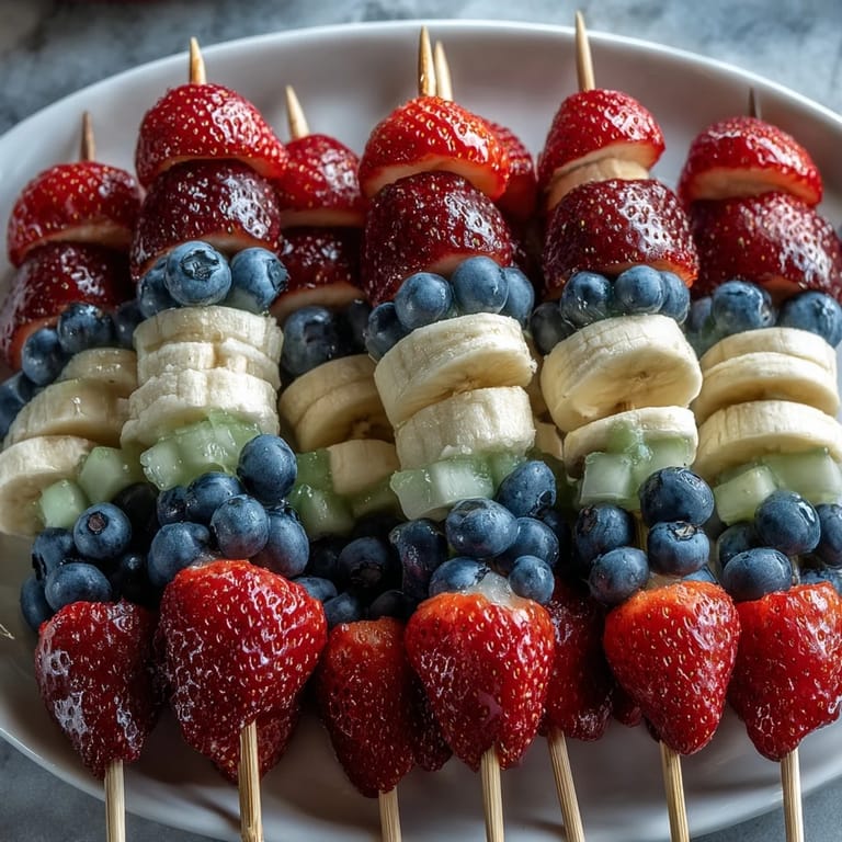 Colorful Fourth of July fruit skewers featuring juicy strawberries, sweet bananas, and fresh blueberries, great for party platters.