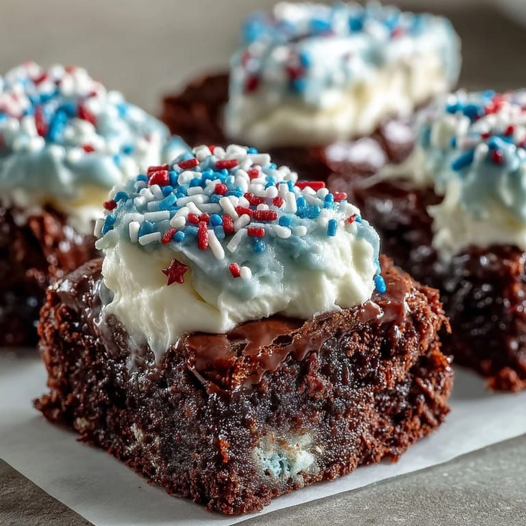Patriotic brownie bites topped with smooth vanilla frosting and festive sprinkles, perfect for Fourth of July celebrations.  
