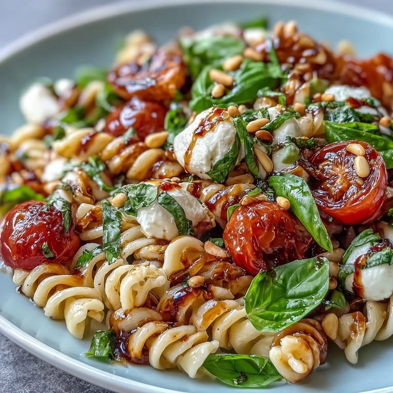 Vibrant Caprese pasta salad featuring juicy tomatoes, creamy mozzarella, and fragrant basil leaves, tossed with olive oil and balsamic glaze.
