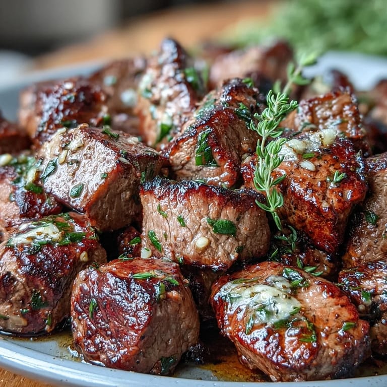 Savory steak cubes seared with garlic and fresh herbs, perfect for a quick summer meal.