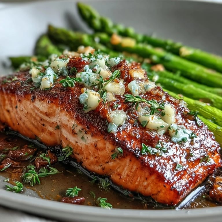 Garlic Butter Salmon with Asparagus arranged on a plate, garnished with fresh parsley and lemon slices for a vibrant spring dinner.