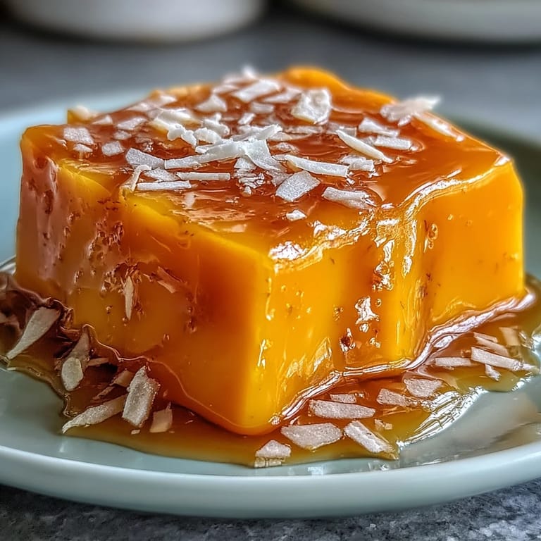 Chilled mango agar-agar jelly cubes with silky coconut milk, offering a fragrant and naturally sweet Southeast Asian dessert experience.