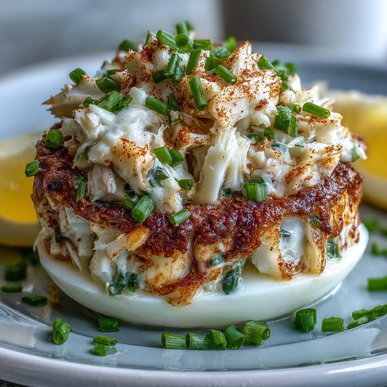 Zesty crab and chive deviled eggs sprinkled with Old Bay seasoning, perfect for parties or gatherings.