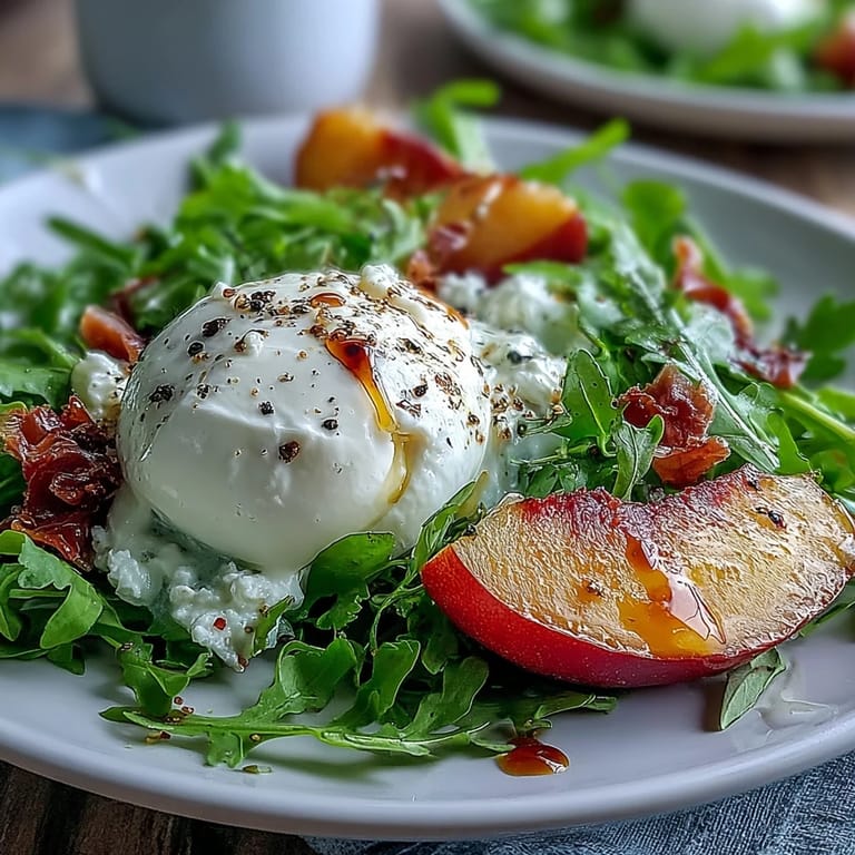 A refreshing Italian-inspired dish featuring ripe peaches, delicate burrata, and prosciutto, served over arugula with a tangy balsamic drizzle.