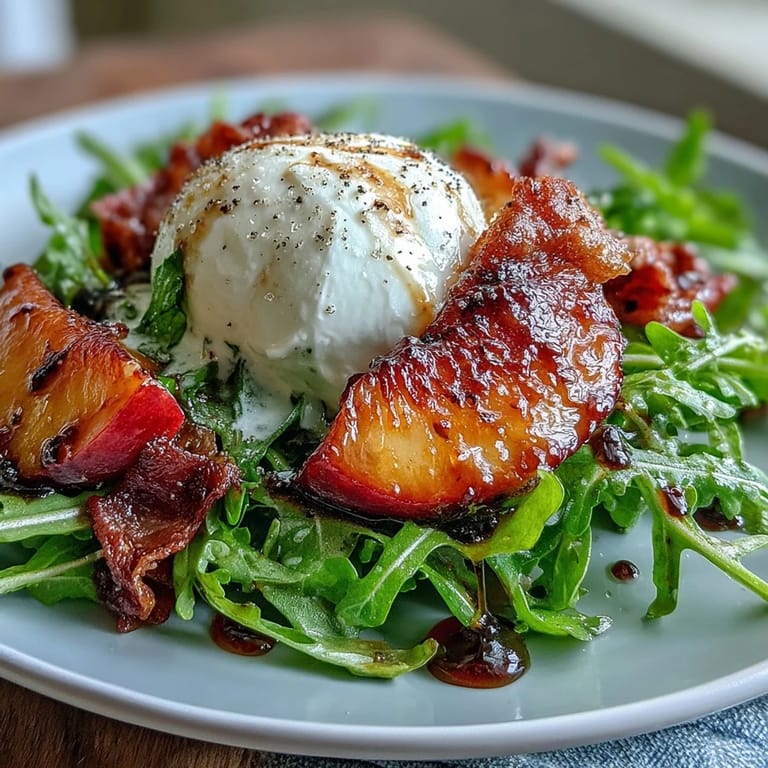 Creamy burrata and sweet peaches paired with savory prosciutto, creating a colorful, gluten-free summer salad perfect for light meals.