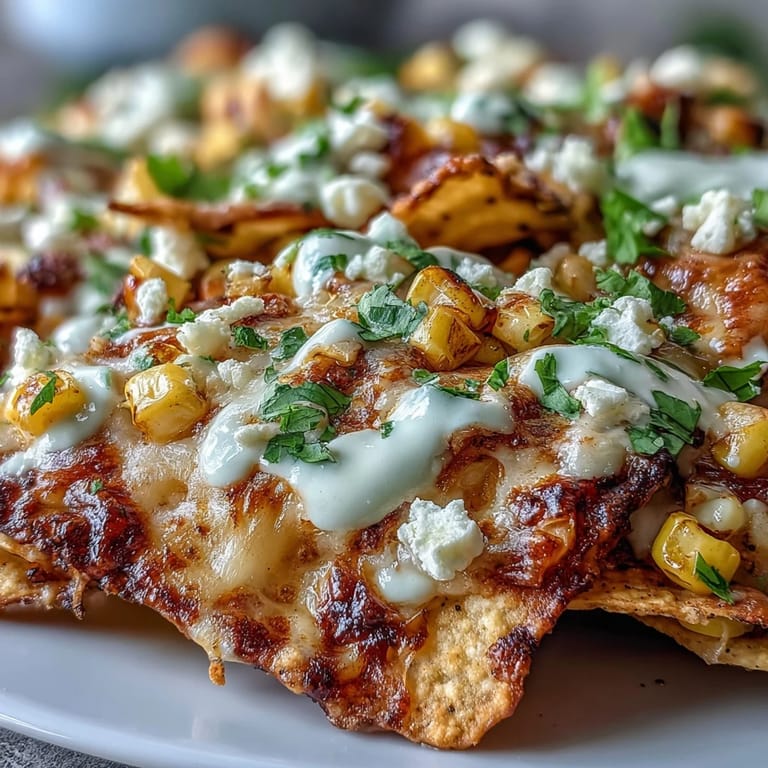 Festive Cinco de Mayo Elote Nachos piled high with Monterey Jack, cotija, jalapeño, and creamy chipotle crema for bold flavor.  