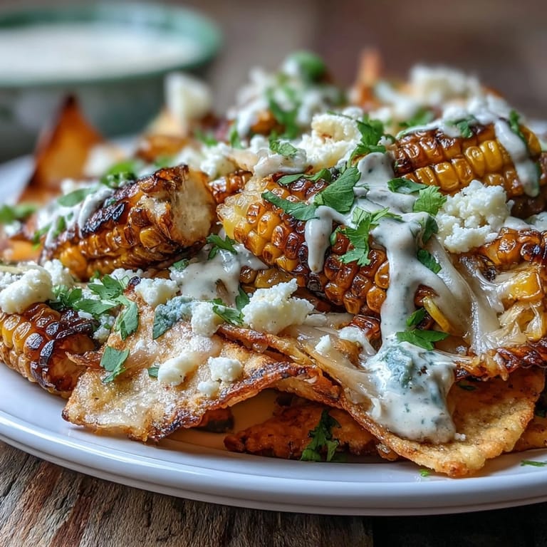 Vibrant Cinco de Mayo Elote Nachos topped with fresh cilantro, green onions, and zesty lime wedges, perfect for sharing.