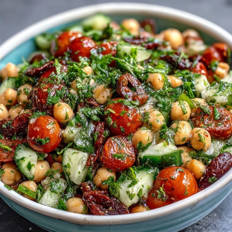 Flavorful Mediterranean Chickpea Salad ready to be served as a vibrant, healthy side.