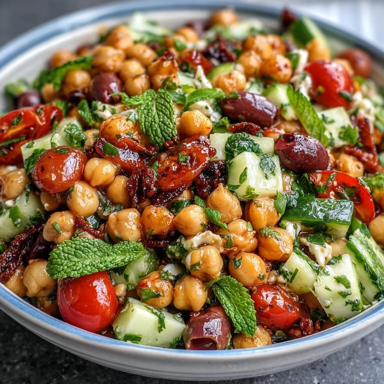 Hearty Mediterranean Chickpea Salad showcasing tender chickpeas, juicy tomatoes, and zesty dressing.