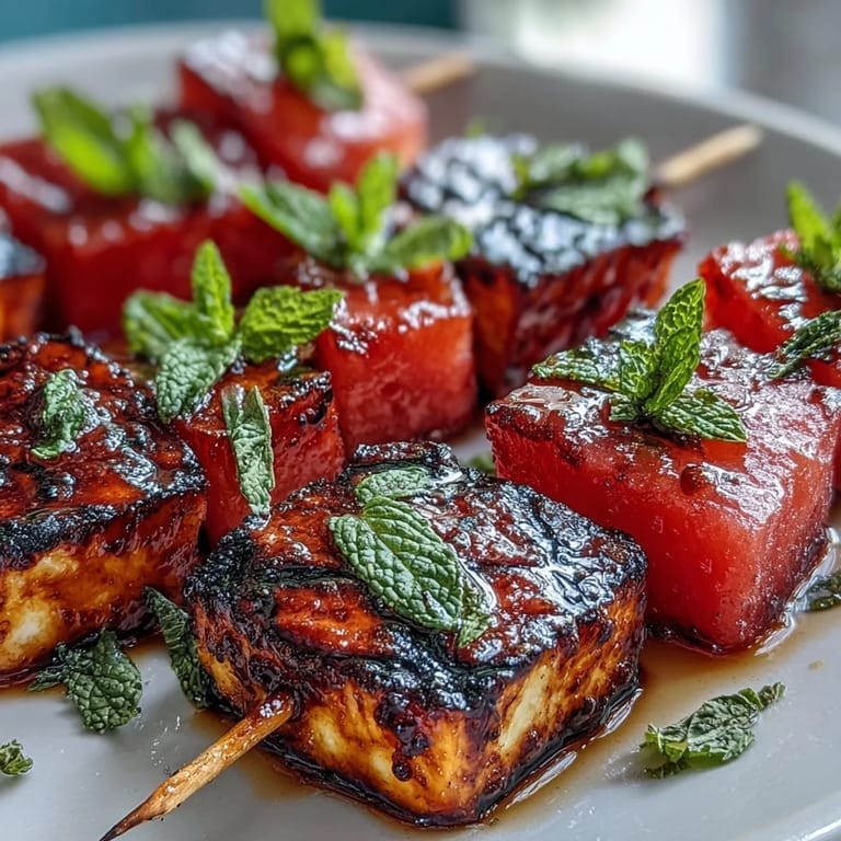 Golden grilled halloumi and sweet watermelon skewers showcasing fresh mint, ready to serve.