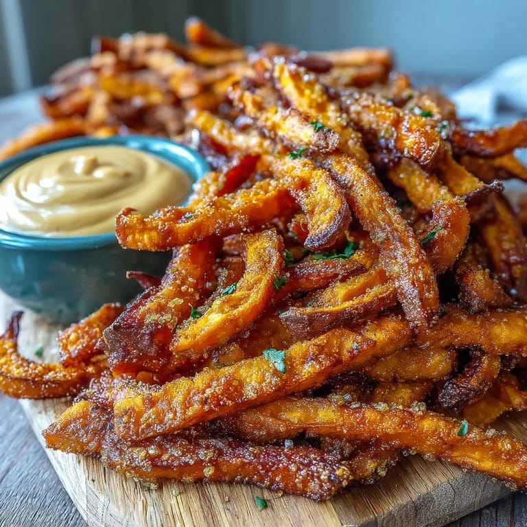 Golden, seasoned air fryer sweet potato fries served with a zesty chipotle aioli dip.