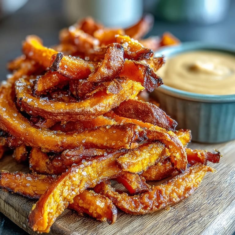 Close-up of perfectly cooked air fryer sweet potato fries ready for dipping.