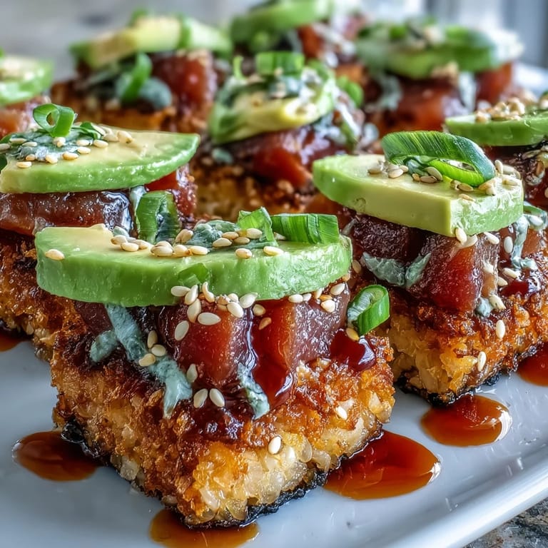 Delicious viral appetizer: Spicy Tuna Crispy Rice Bites with fresh avocado garnish.