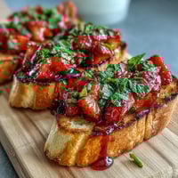 Fresh strawberry bruschetta with balsamic and mint, topped on golden toasted baguette slices for a vibrant summer appetizer.
