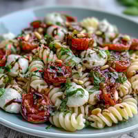 A colorful summer pasta salad with cherry tomatoes, mozzarella, and fresh basil, perfect for picnics or BBQs.