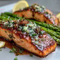 Garlic Butter Salmon with Asparagus sizzling in a skillet, coated in rich, golden garlic butter sauce.