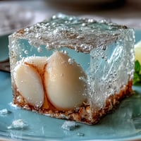 Delicate lychee agar jelly cubes in sparkling yuzu water, a refreshing vegan dessert with floral notes and citrus brightness.