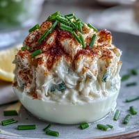 Creamy crab cake deviled eggs topped with Old Bay seasoning for a flavorful seafood appetizer.  