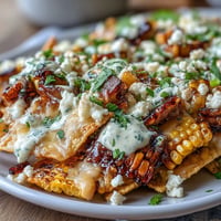 Cinco de Mayo Elote Nachos with Chipotle Crema: crispy tortilla chips loaded with charred corn, melted cheese, and smoky chipotle drizzle.  