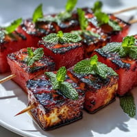 Grilled Halloumi and Watermelon Skewers with Mint, perfectly charred and bursting with flavor.