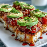 Spicy Tuna Crispy Rice Bites: golden rice, creamy tuna, and avocado topping.